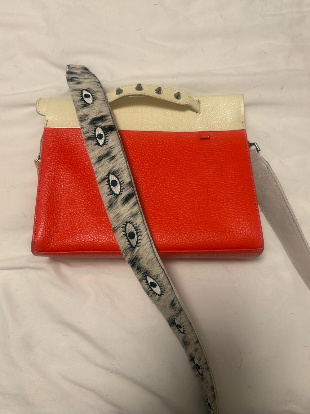 Min & Mon Cream and Orange Colorblock Satchel with Eye-Pattern Strap